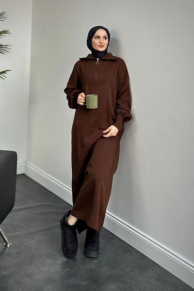 MERVEN AKYÜZ Jairo Brown Oversize Knitwear Dress - Zippered