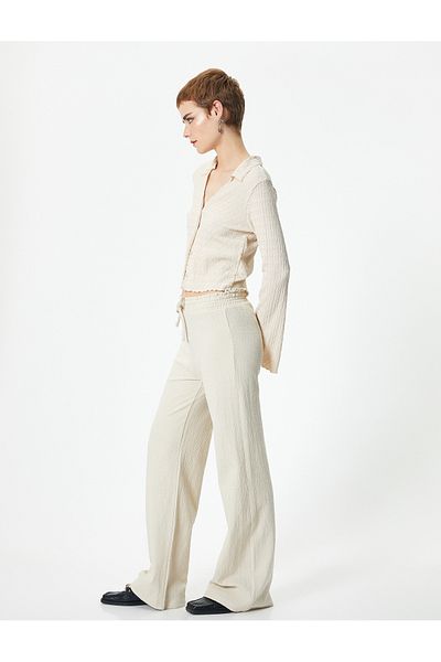 Koton Wide Leg Trousers Tie Waist Elastic Comfortable Fit Cotton Textured