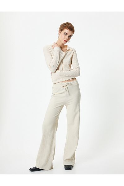 Koton Wide Leg Trousers Tie Waist Elastic Comfortable Fit Cotton Textured