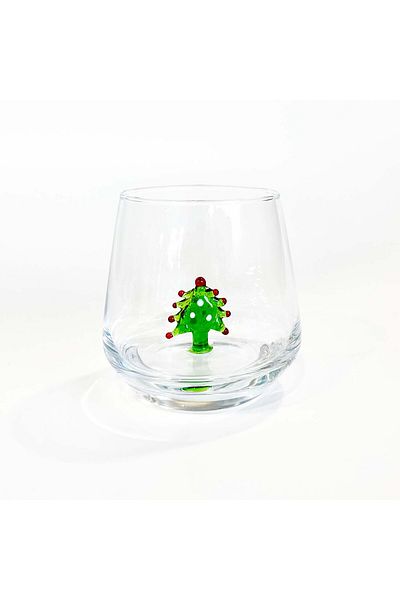 Polonezköy Cam Sanat Merkezi Glass Cup with Christmas Tree Figure - Decorative New Year Soft Drink Cup