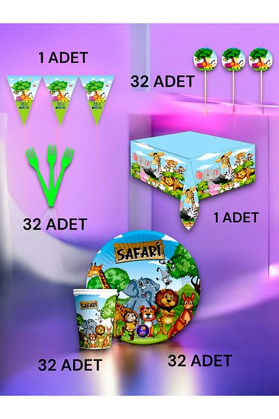 VibeHome Safari Themed Premium Set for 32 - Birthday Party and Fun Events