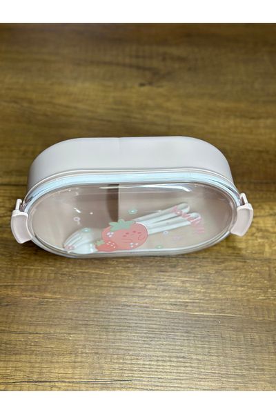 7K Powder Oval Clear Lid Strawberry Patterned Children's Meal Lunch Box Container