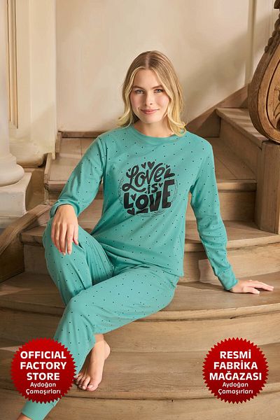 Aydoğan Turquoise Rib Pajamas Set - Crew Neck, Long Sleeve, B8-1 - 240596   - Aydogan ®