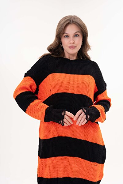 Secret Passion Lingerie Дамски вълнен пуловер с двойни райета, голям размер, с разкъсани детайли, 39480