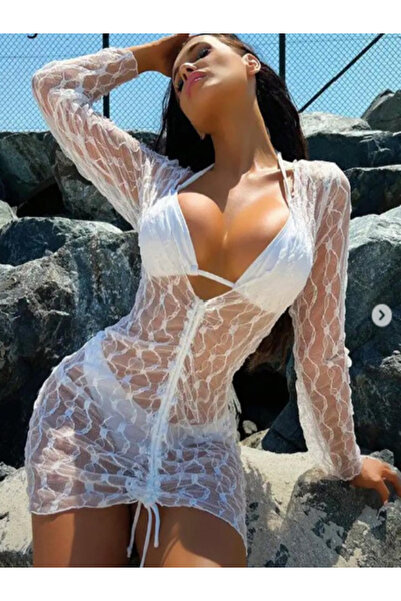 KissBump Önden Büzgü Alabilen Dekoltesi Kapanabilen Dantel Pareo Elbise Deniz...