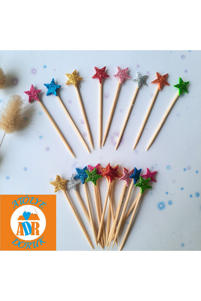 Atölye Doruk 30 ADET Karışık Renkli Yıldız Cupcake Kürdanı-Yılbaşı-Doğum Günü...