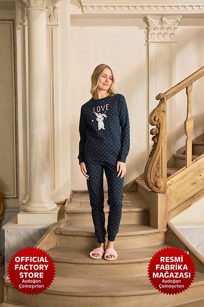 Aydoğan Navy Blue Rib Pajamas Set for Women - Crew Neck, Long Sleeve B7-3 Aydogan ®