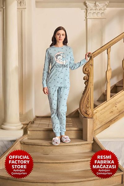Aydoğan Blue Rib Pajamas Set - Crew Neck, Long Sleeve B8- 240598   Aydogan ®