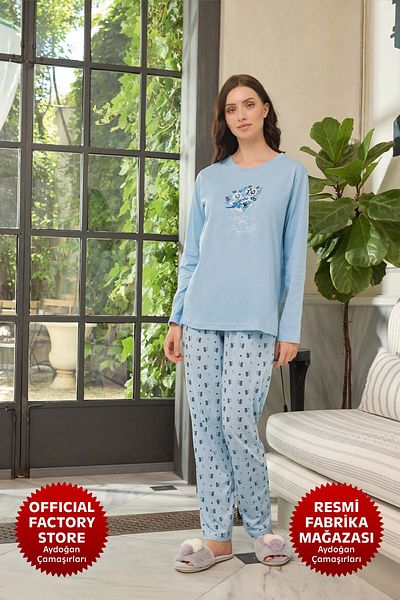 Aydoğan Set pijama Atlas albastru - decolteu, maneci lungi, B9-2 - 240616   - Aydogan ®