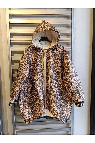 Butik Ayseba Park Moda Women's Leopard Print Quilted Hooded Plus Size Coat