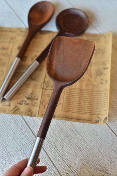 şirin eşyalarım Metal Handle Acacia Spoon - Colander - Spatula Set of 3