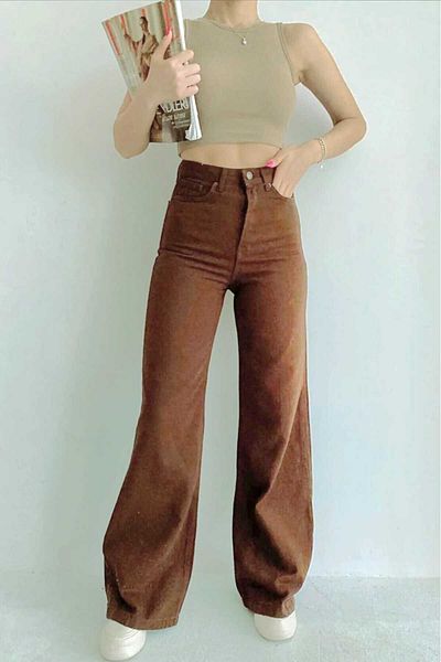 LİMABEL Dess's Allstar Ikon Gold Lycra Brown Loose Denim Супер високи панталони Lycra Palazzo