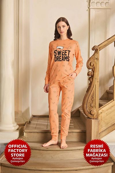 Aydoğan Women's Orange Rib Pajamas Set - Crew Neck, Long Sleeve B8- 240599   Aydogan ®