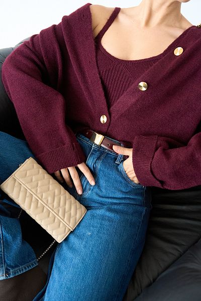 LOOSH Women's Burgundy Crew Neck Gold Buttoned Cardigan - Blouse Set of 2
