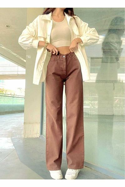 Trn JNS Καφέ Lycra Super High Waist Loose Jeans Palazzo Παντελόνι. (super High) Φαρδύ πόδι