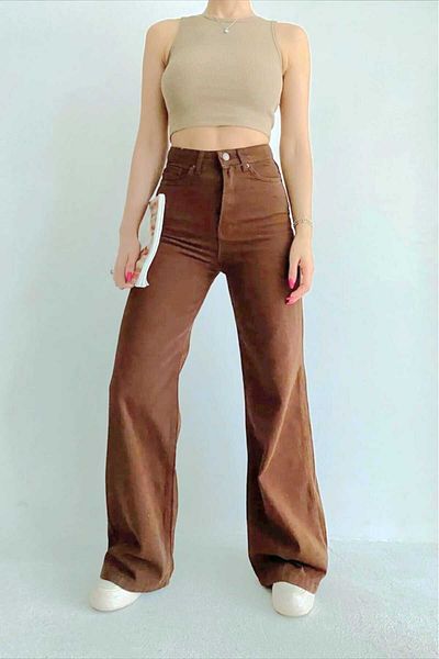 Trn JNS Καφέ Lycra Super High Waist Loose Jeans Palazzo Παντελόνι. (super High) Φαρδύ πόδι