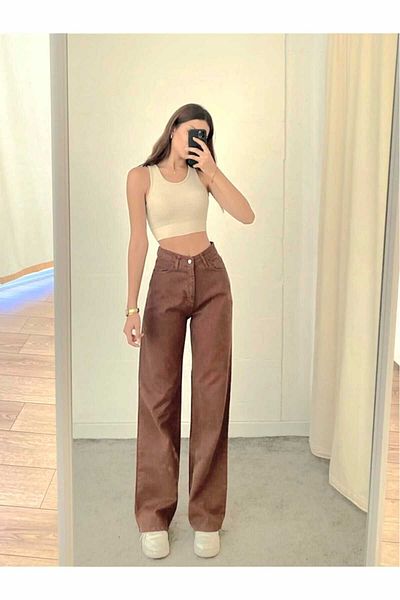 Trn JNS Pantaloni Palazzo cu blugi largi din lycra maro cu talie super inalta. (super Înalt) Picior Lat