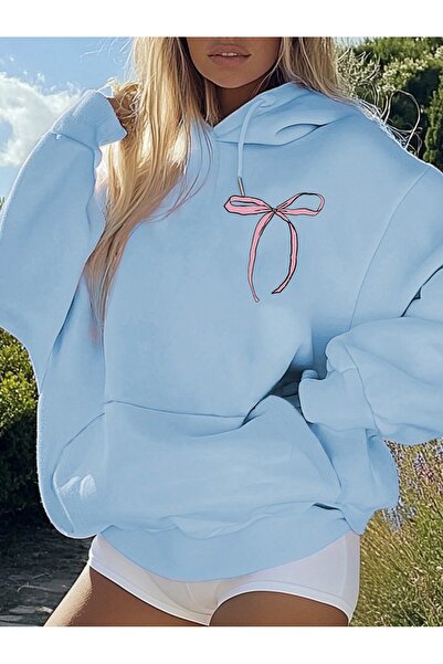 BukuriCO 3 İplik İçi Pamuklu Fiyonk Baskılı Şardonlu Oversize Kapüşonlu Sweatshirt