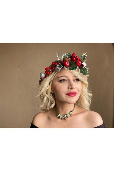 AbakKozmetk Yılbaşı çiçek tacı, Noel kırmızı taç, saç aksesuarı, saç bandı, p...