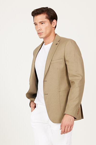 ALTINYILDIZ CLASSICS Men's Khaki Slim Fit Narrow Cut Mono Collar Patterned Jacket