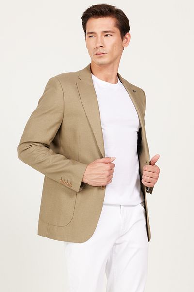 ALTINYILDIZ CLASSICS Men's Khaki Slim Fit Narrow Cut Mono Collar Patterned Jacket