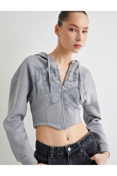 Koton Hooded Zippered Crop Sweatshirt - Printed Corset Look