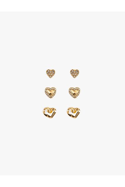 Koton Heart Ball Earrings Set 3 Pieces Rhinestoned Textured