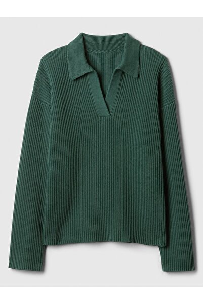 GAP Kadın Koyu Yeşil V Yaka Yırtmaç Detaylı Kazak