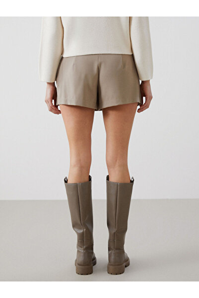 LC Waikiki Lcw Vision Camel Feather Women's Pleated Shorts Skirt with Waist Belt