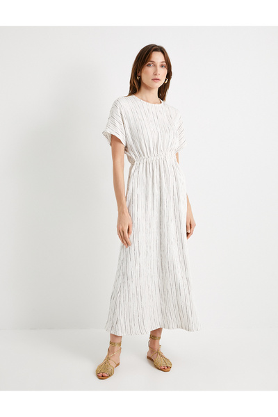 Koton Φόρεμα Viscose Midi - κοντό μανίκι, λαιμόκοψη, λεπτομέρεια δέσιμο στη μέση