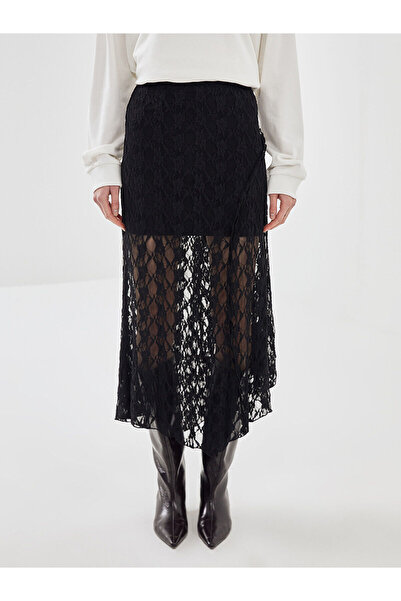 LC Waikiki Siyah Beli Lastikli Desenli Kadın Etek