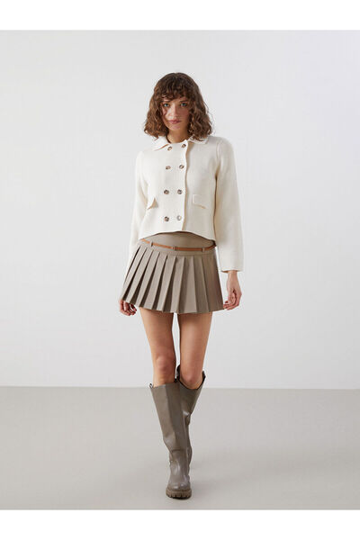 LC Waikiki Lcw Vision Camel Feather Women's Pleated Shorts Skirt with Waist Belt