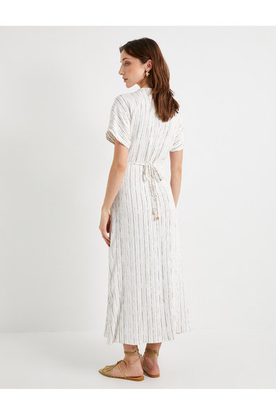 Koton Φόρεμα Viscose Midi - κοντό μανίκι, λαιμόκοψη, λεπτομέρεια δέσιμο στη μέση