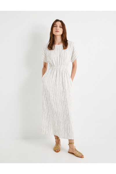 Koton Φόρεμα Viscose Midi - κοντό μανίκι, λαιμόκοψη, λεπτομέρεια δέσιμο στη μέση