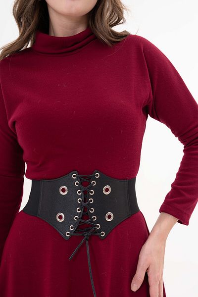 lovebox Claret Red Knitwear Midi φόρεμα - ελαστικό, όρθιο γιακά, μακρυμάνικο και ζώνη 134