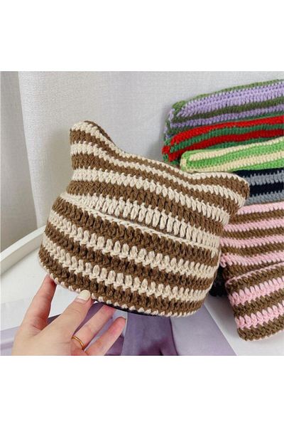 Köstebek New Beige Brown Striped Horn Detailed Knitted Beret