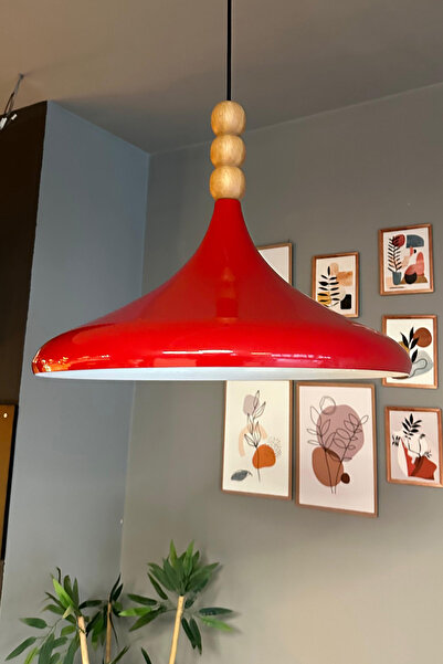 Bamyum 45 cm Çaplı XL Kırmızı Ahşap Üç Boncuklu Avize Tekli Sarkıt Restoran Salon Mutfak Avizeleri