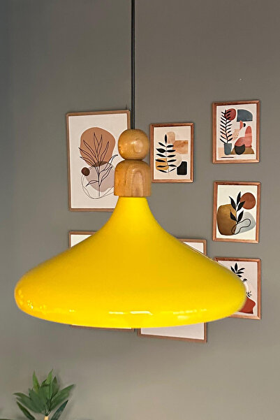 Bamyum Açık Sarı Kalın Ahşap Boncuk Tekli Avize Sarkıt Salon Mutfak Butik Lamba Aydınlatma Cafe