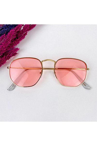Köstebek New Gold Pentagonal Framed Pink Lens Sunglasses