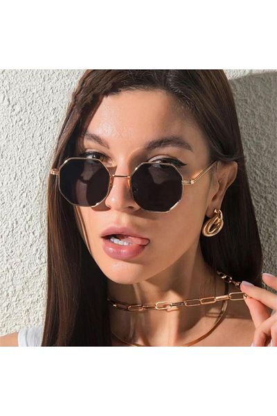 Köstebek Octagonal Gold Framed Black Glass Sunglasses
