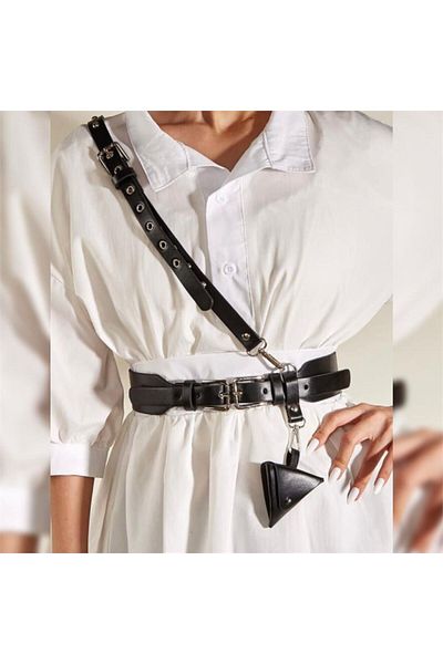 Köstebek Black Faux Leather Body Belt - Wallet Detailed
