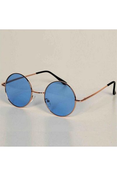Köstebek Classic Round Sunglasses with Gold Thin Frame and Blue Lens