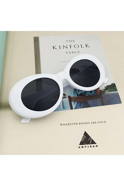 Köstebek Nirvana Kurt Cobain White Oval Retro Framed Black Glass Retro Sunglasses