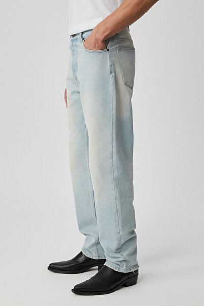 GRIMELANGE Kenyon Men's Stright Fit Straight Cut Thick Textured 100% Cotton High Quality Light Blue Trousers