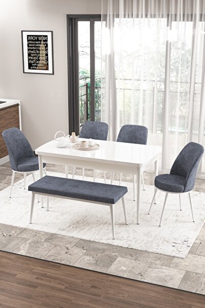 Canisa Concept Zen Serisi 80x132 Mdf Açılabilir Beyaz Masa Takımı 4 Füme Sand...