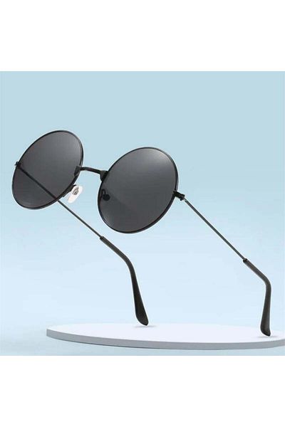 Köstebek Classic Round Sunglasses with Black Thin Frame and Black Lenses