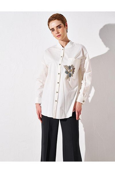 Kayra Ecru Poplin Tunic - Stone Embroidered