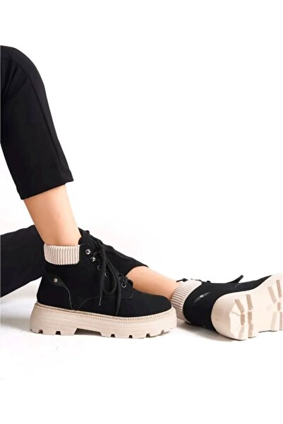 İleri Adım Siyah Süet Bağcıklı Yüksek Taban Kadın Bot