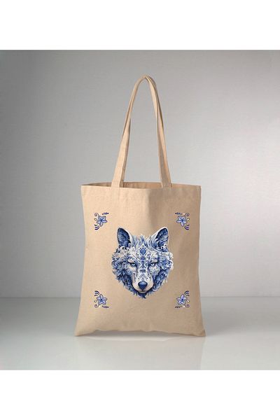 MODA حقيبة كتف من القماش الخام بطبعة Delft Blue Wolf من سلسلة خاصة