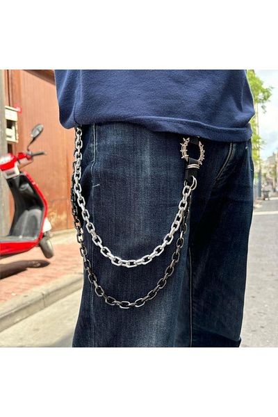 Köstebek Gothic Double Colored Thorn Ring Detailed Thick Trouser Chain
